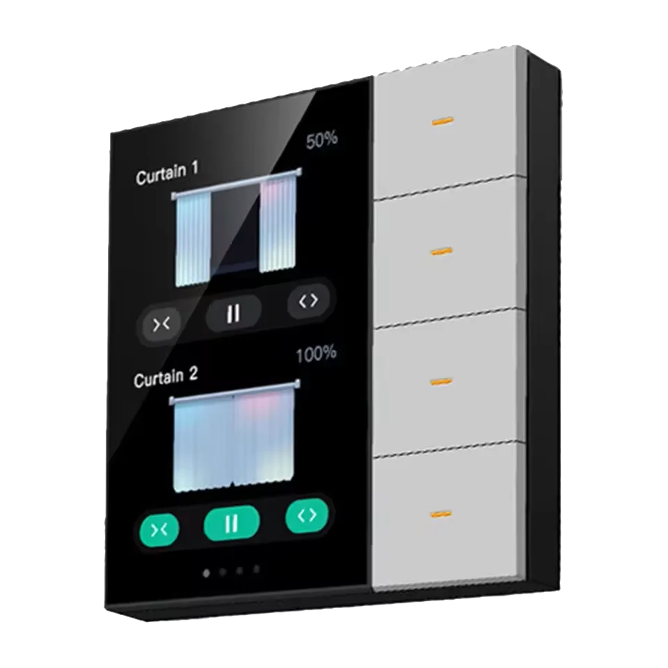 Painel touchscreen com ajuste da posição de cortinas e teclas laterais