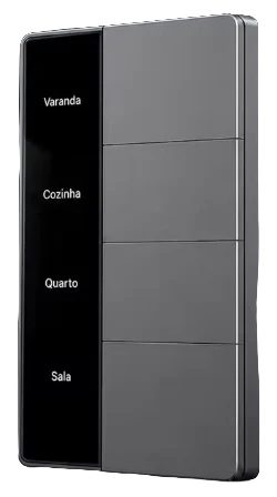 Teclado de parede com quatro teclas e tela indicando Varanda, Cozinha, Quarto e Sala
