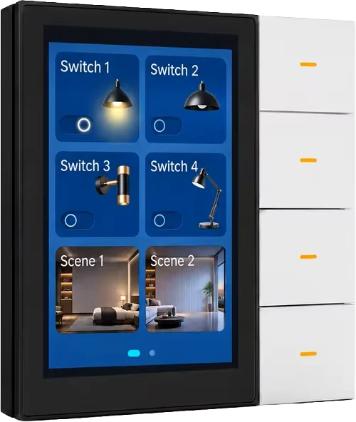 Painel touchscreen com comandos de iluminação, cenas e quatro teclas físicas laterais