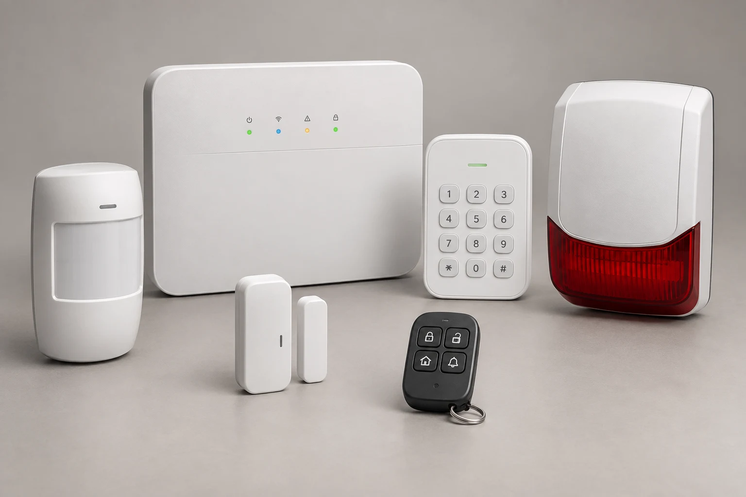 Sensor de movimento, central de alarme, contato magnético, teclado, controle remoto e sirene