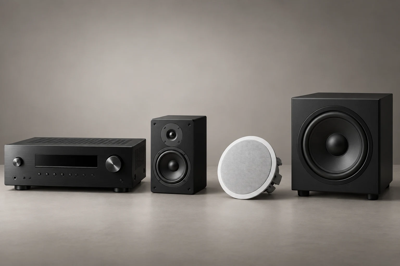Receiver, caixa acústica, alto-falante de teto e subwoofer