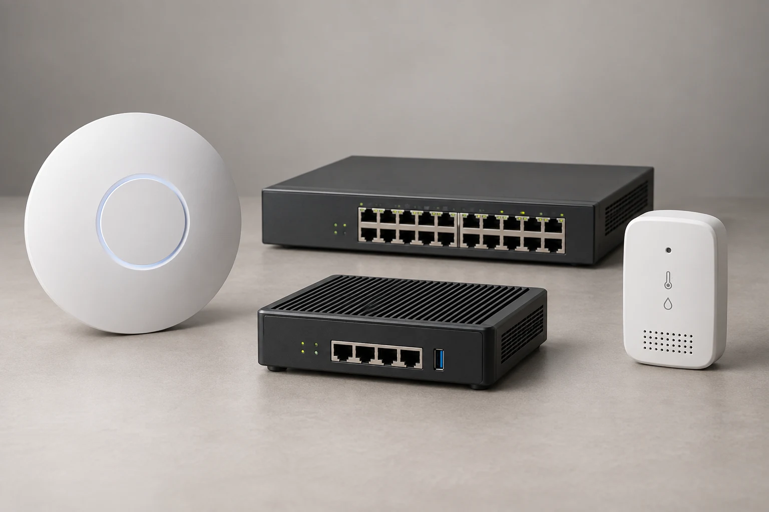 Ponto de acesso Wi-Fi, switch e roteador