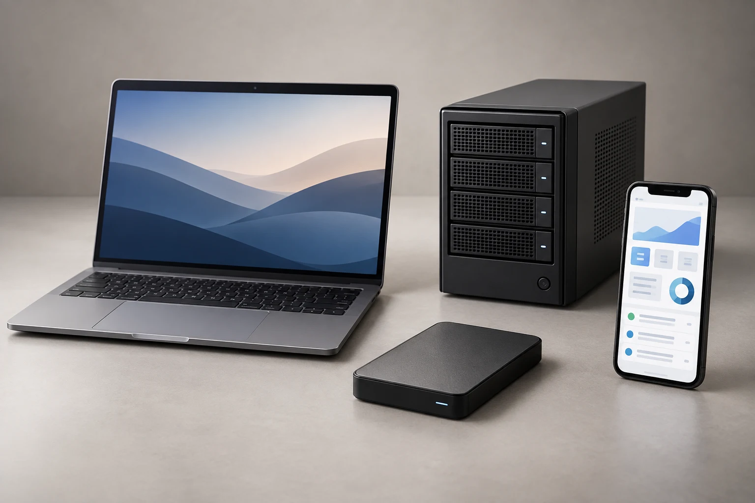 Notebook corporativo, servidor, unidade de backup e celular com aplicativo empresarial
