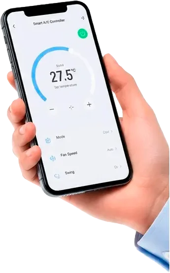 Aplicativo de climatização no celular com temperatura, modo e velocidade de ventilação
