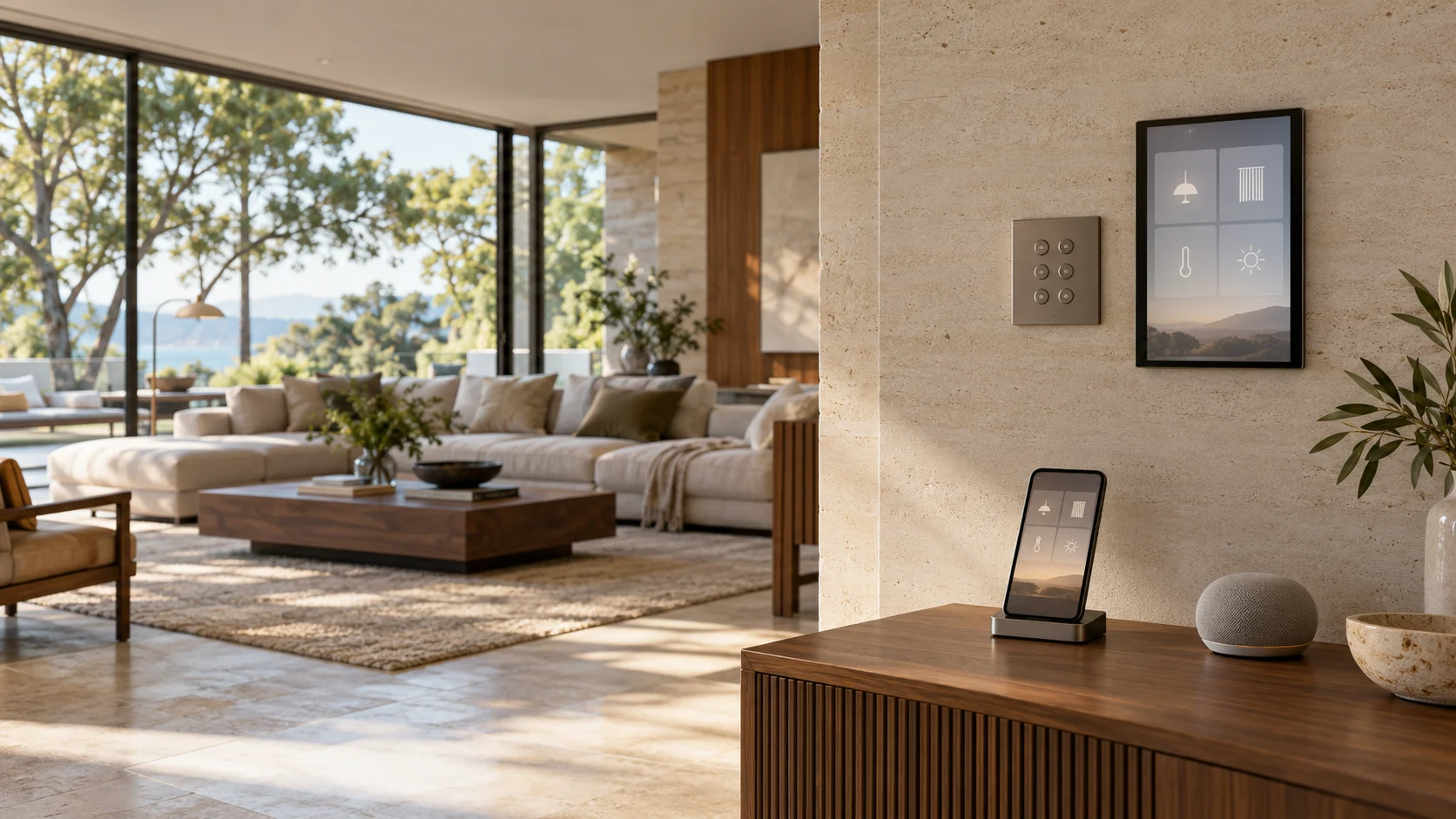 Teclado de cenas e painel de controle integrados à parede de uma sala, com celular e assistente por voz sobre o aparador
