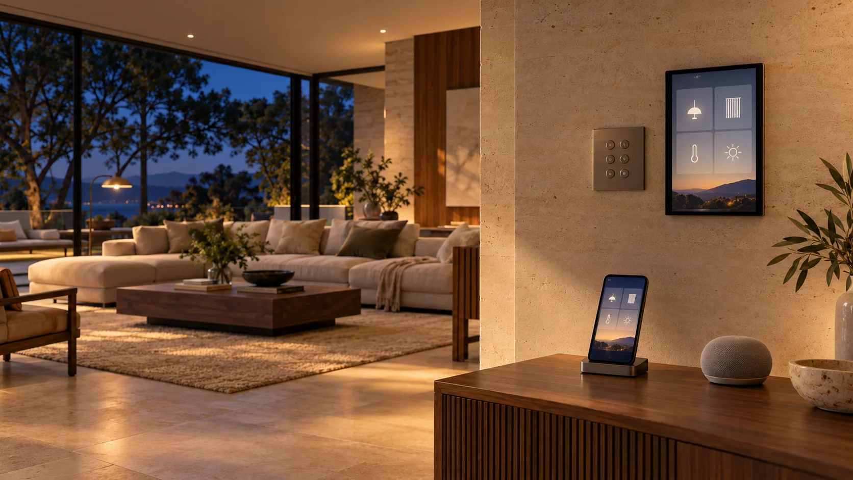 Teclado de cenas e painel de controle integrados à parede de uma sala, com celular e assistente por voz sobre o aparador