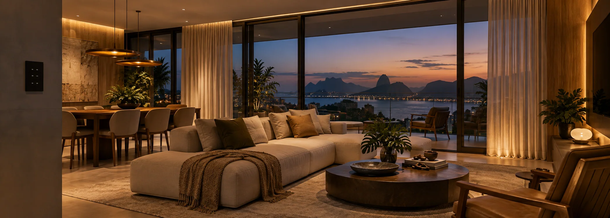 Sala de estar com iluminação e cortinas automatizadas