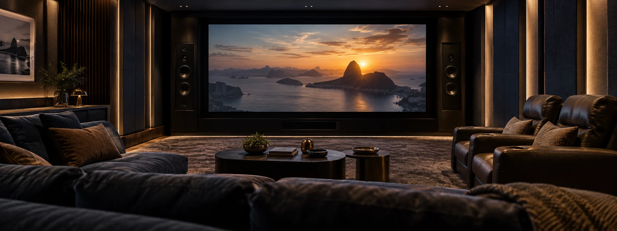 Cinema em casa com tela ampla, caixas de som e iluminação indireta