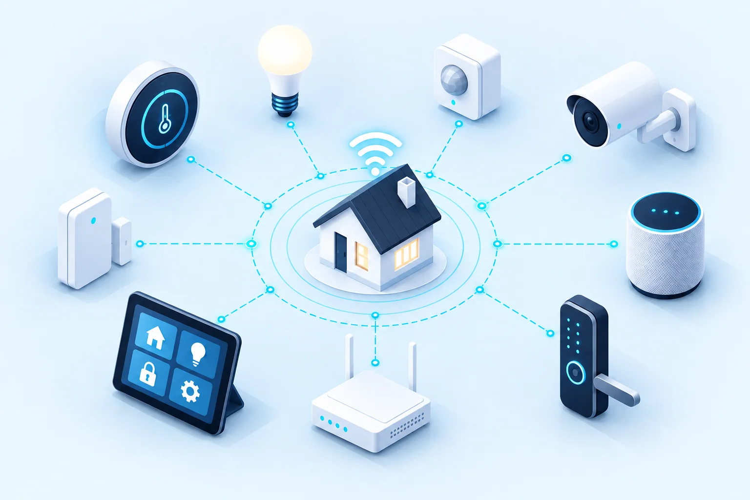 Ilustração isométrica de uma casa conectada a sensores, câmeras, iluminação e dispositivos inteligentes