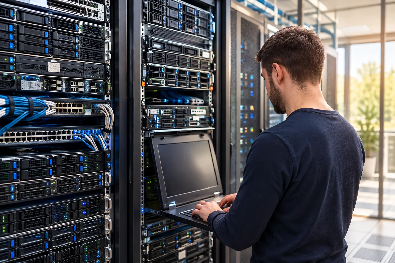 Profissional de TI diante de racks de servidores e equipamentos de rede