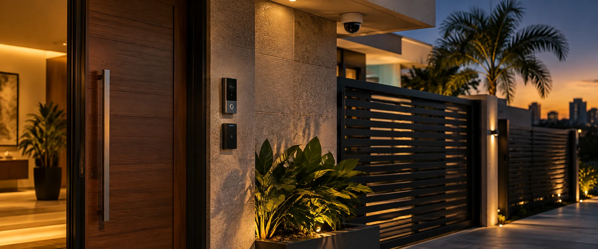 Entrada residencial com câmera, videoporteiro e controle de acesso